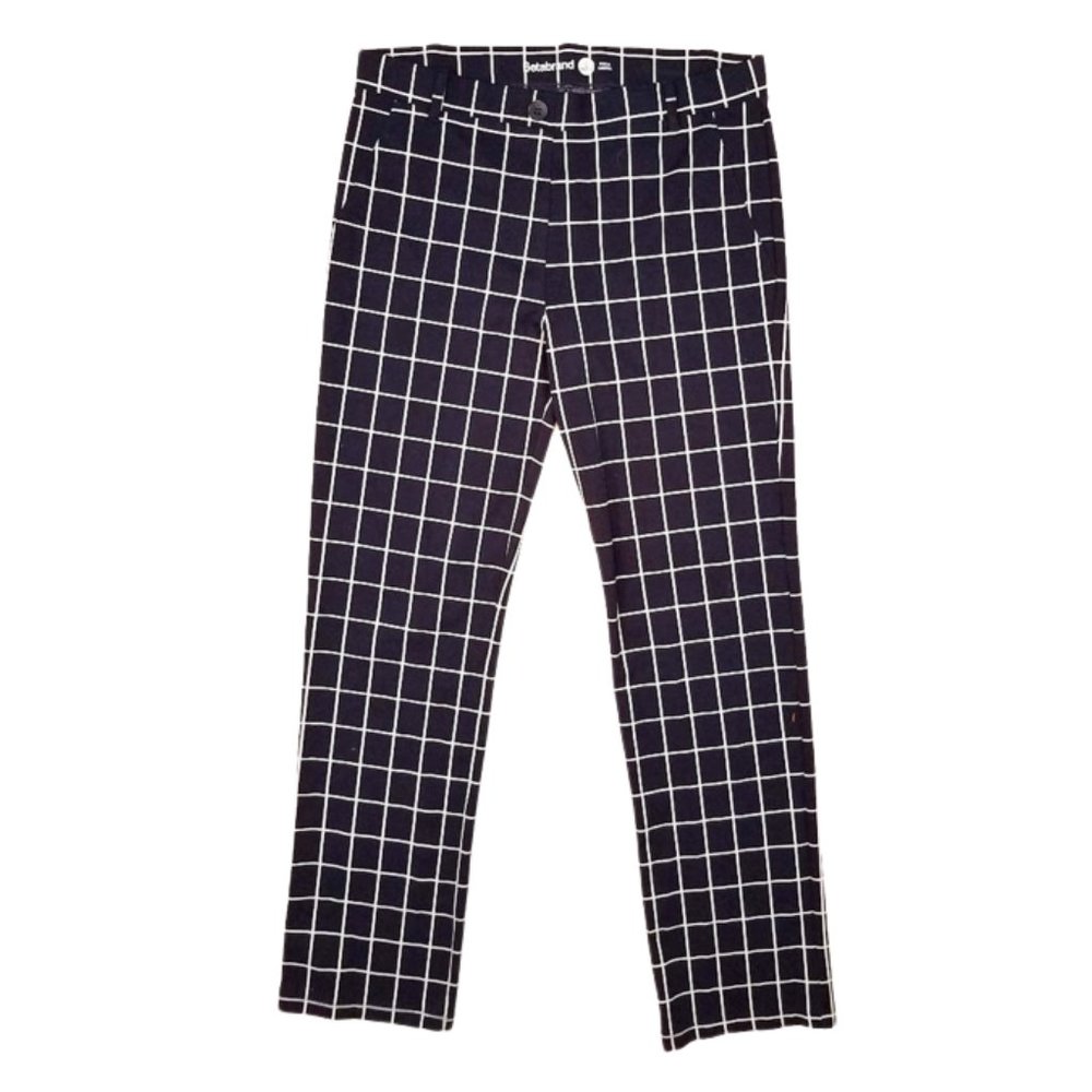 BETABRAND Navy Blue & White Window Pane Yoga Dress Pants Women's L Petite